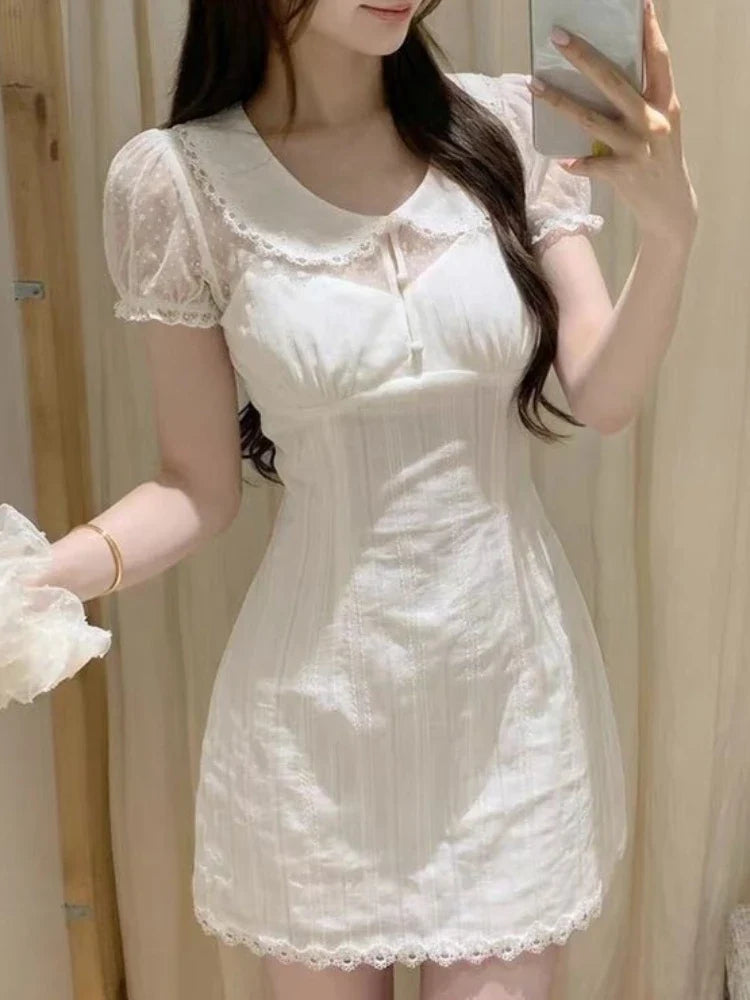 Summer French Elegant Lace Doll Collar Puff Sleeve Sheer Polka Dot Mesh Hollowout Slim Fit Two Piece Dress Women Daily Party