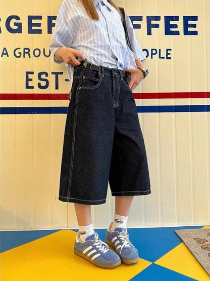 Denim Shorts Women High Waisted Harajuku Vintage Baggy Do Old Belt Straight Wide Leg Jeans Y2k Causal Half Pants Summer