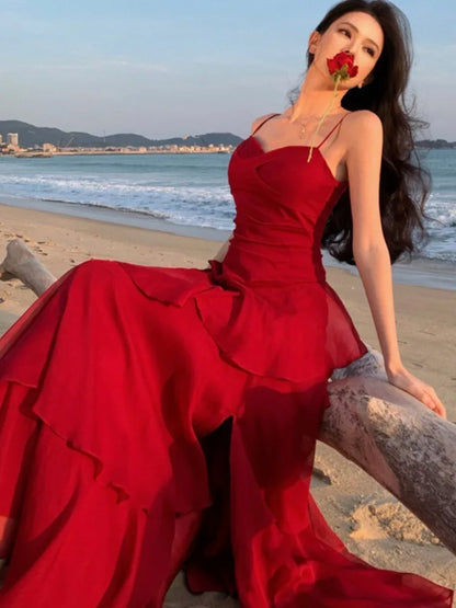 Women Elegant Red Ruffles Waist Cinching Dress Sexy Strap Backless A-Line Long Robe Summer New Style Holiday Evening Dresses