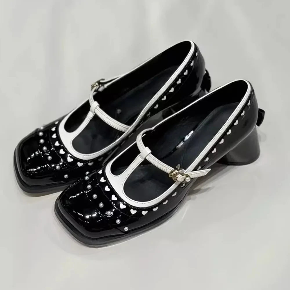 Spring Square Toe Strange Heels Mary Janes Shoes Rivet Goth Buckle Women Pumps Punk Cosplay Shoes High Quality