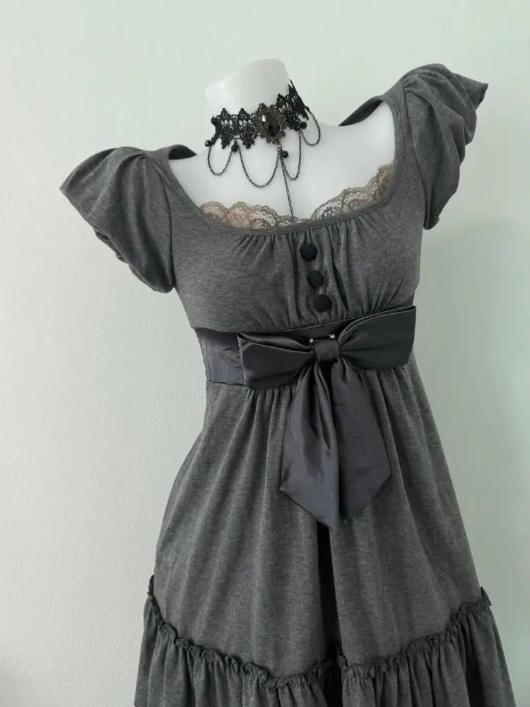 Gray Retro Vintage Square Neck Bow A Word Skirt Vintage Dress Short Skirt