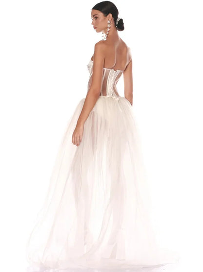 Strapless Sweetheart Corset Boning Sheer Bodice Tulle Ballgown Maxi Dress