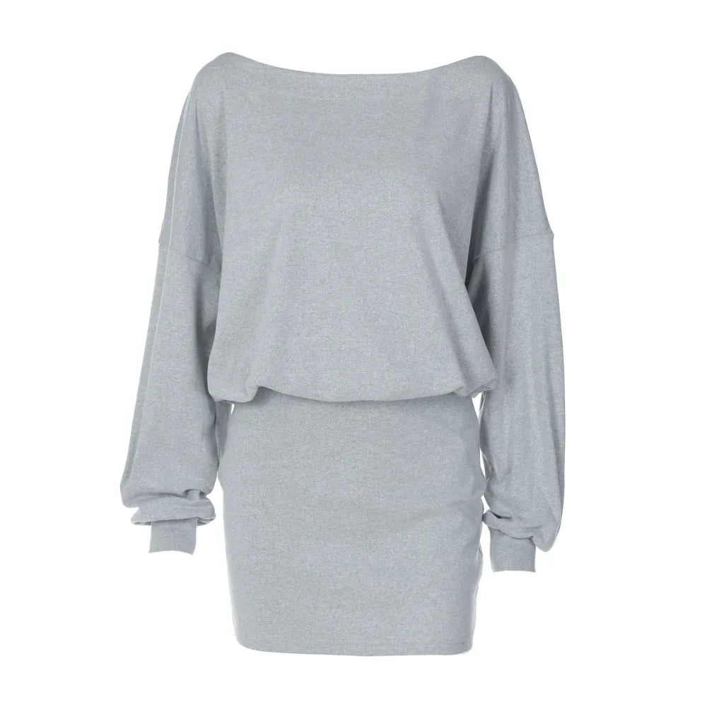 Women's Off-Shoulder Dress Solid Color Long Sleeve Elastic Waist Slim Fit Hip Wrap Mini Dress Fall Fashion Streetwear