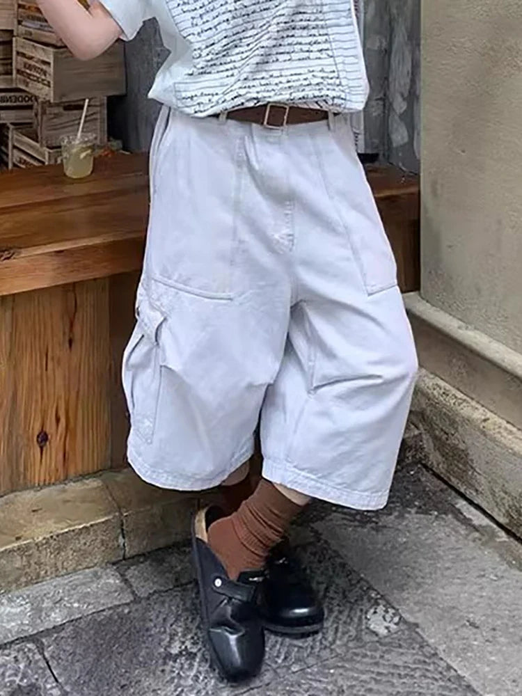 Big Pockets White Denim Cargo Pants Women Solid Vintage Pintuck Adjustable Low Waist Wide Leg Baggy Jorts Summer Clothes