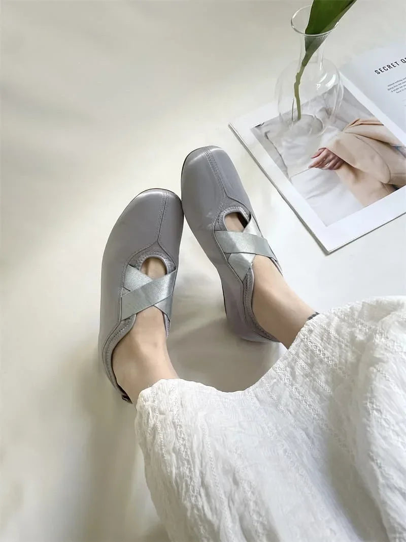 New Women's Ballet Slippers Pink Soft Sole Shallow Heel Round Head Fiberglass Fabric Retro Style Low Heel