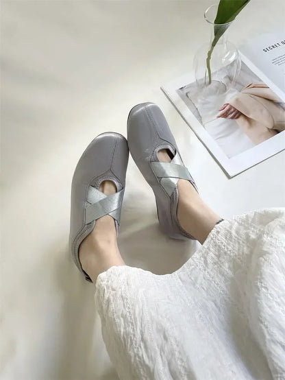 New Women's Ballet Slippers Pink Soft Sole Shallow Heel Round Head Fiberglass Fabric Retro Style Low Heel