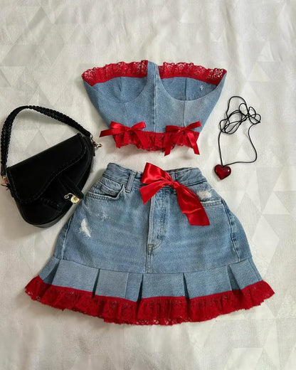 Y2K Suspender Leather Short Skirt Two Piece Set Feminine Lace Personalized Design Punk Motorcycle Style Mini Leather Skirt Suit