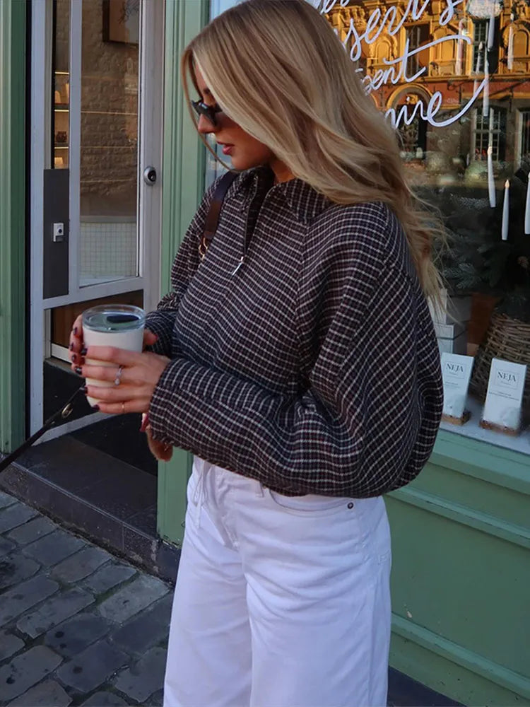 Vintage Plaid Women 's Jacket Elegant Lapel Patchwork Full Sleeve Zipper Cropped Jackets Lady Woman Spring Coats Outwears