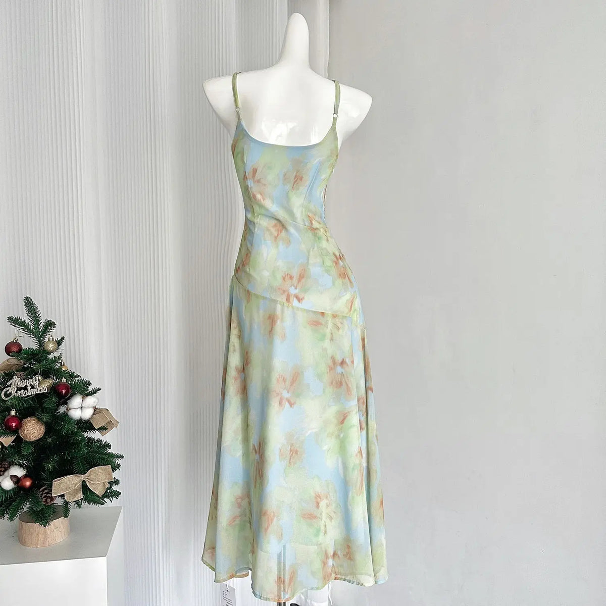 Suspender Dress Printed Long Chiffon Waist Slimming Atmosphere Female 24 New Summer Sweet Long Dress