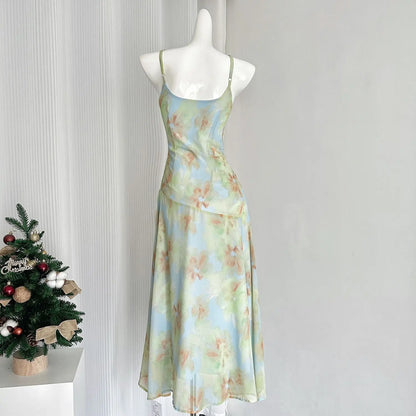 Suspender Dress Printed Long Chiffon Waist Slimming Atmosphere Female 24 New Summer Sweet Long Dress