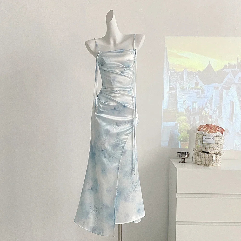 New Chinese Blue Satin Printed Fishtail Vinage Dress for Women Summer Elegance High end Slimming Wrap Hip Long Suspender Dress
