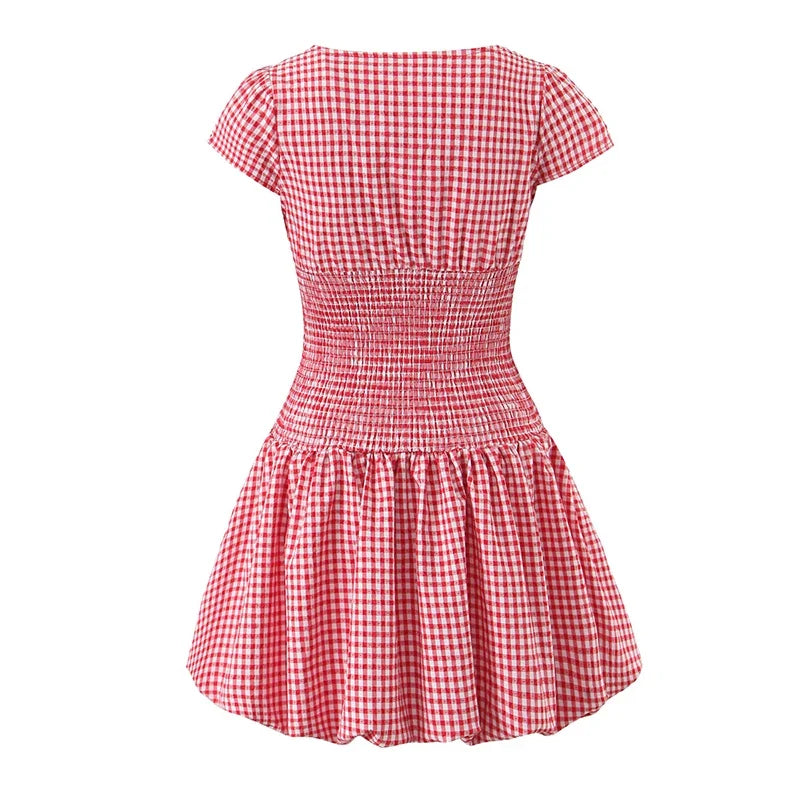 Light Blue Plaid Slim Fit Bud Mini Dress Women Short Sleeve O Neck Casual Holiday Summer Dresses Female 2026 Robe