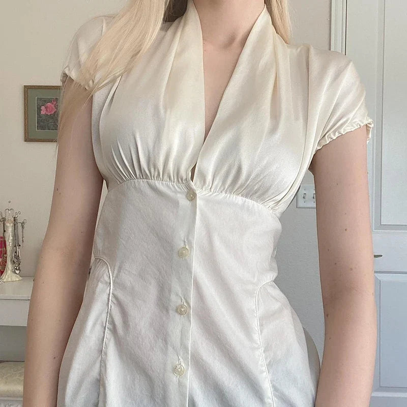 French Retro Satin A-line Shirt Chic Fashion Slimming Short Sleeve V-neck Blouses Office Ladies Elegant Top All-match