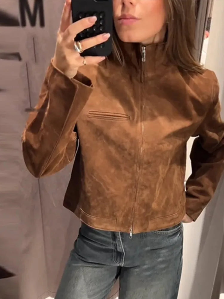 Stand Collar Suede Leather Jacket Coat Zipper Retro Long Sleeved Casual Biker Jackets Loose Fashion Front Shoulder Short Outwear