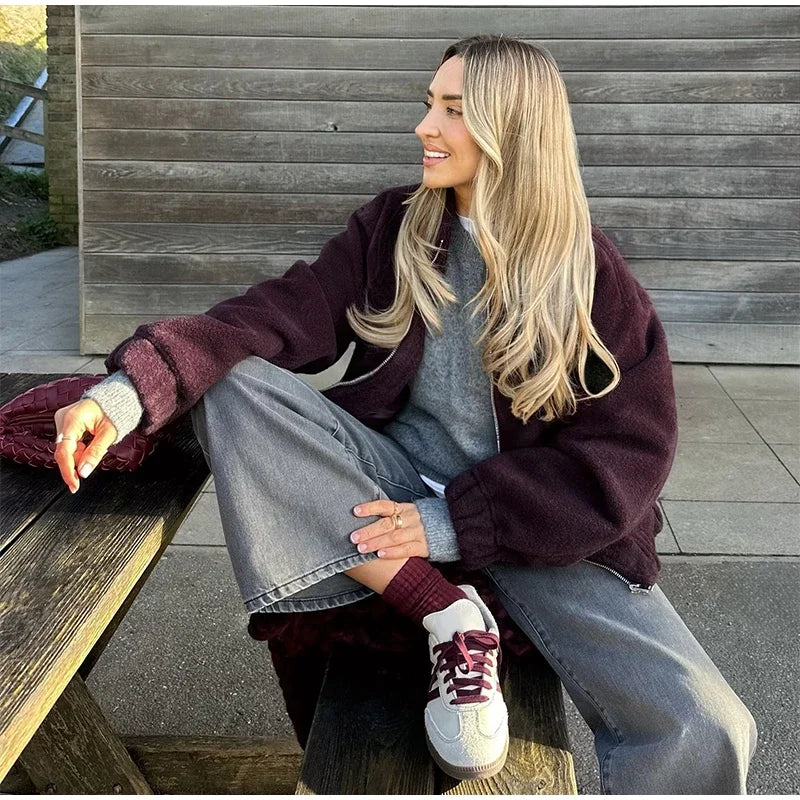 Casual Zipper Long Sleeve O-neck Coat for Women Spring New Solid Loose Female Jacket Vintage Ladies Outwear Top High Street