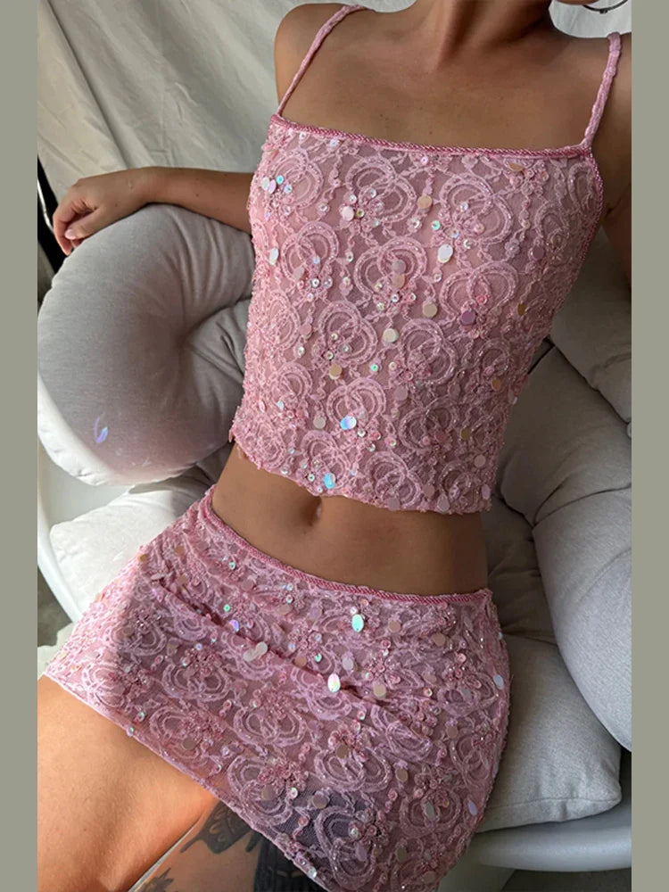 Sexy Sequins See Through Tank Top Shorts Sets Women Sleeveless Backless Vest Mini Shorts Suits Vacation Party 2025 New Outfits