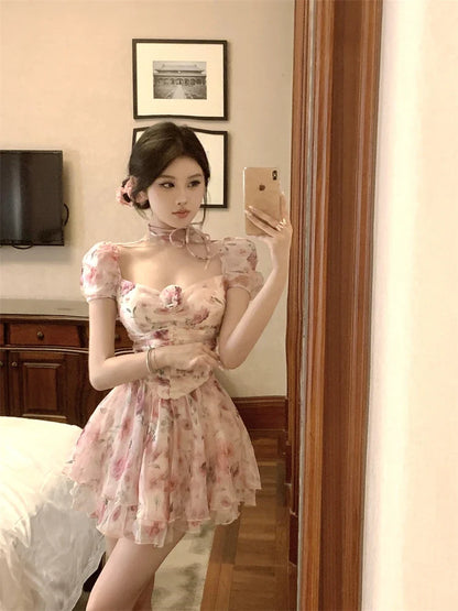 Elegant Princess Floral Short Dresses for Women Y2K Puff Sleeve Backless Printed Ruffles A-line Korean Fashion One Piece Vestido