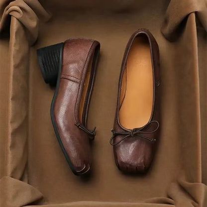 Fashion Square toe Bowknot Soft Leather Women Pumps Spring Summer Ballet Style Thick High heels Casual Chunky Loafer Shoes