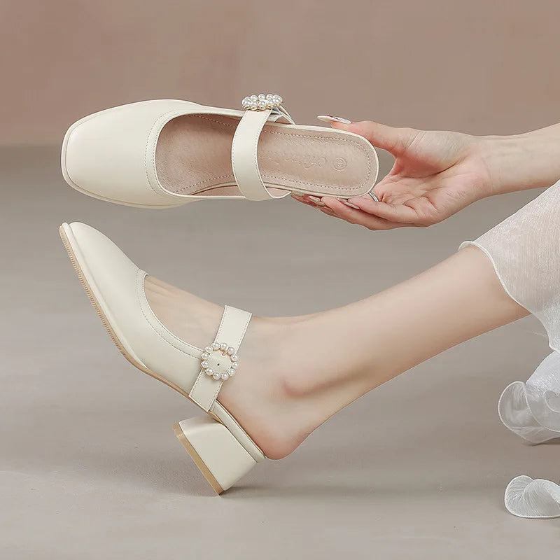 Square heel Female Shoes Ladies' Slippers Cover Toe String Bead Med Luxury Slides Block 2025 Summer Soft Designer Sewing Hoof He