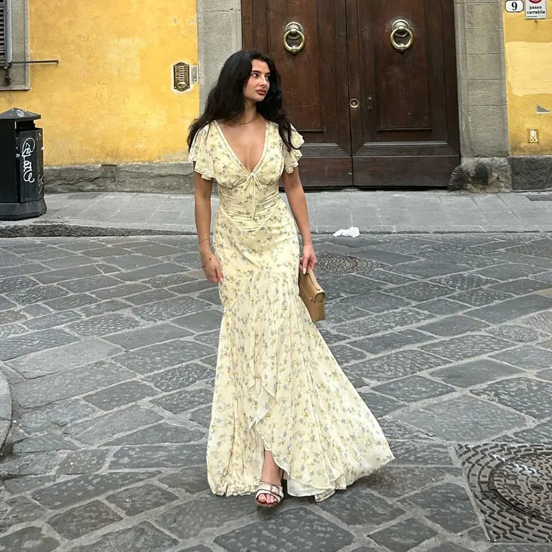 Fashion Women's Dress V-neck Short Sleeve Slim Female Print Floral Dresses Summer Sexy Elegant Holiday New Party Lady Robe