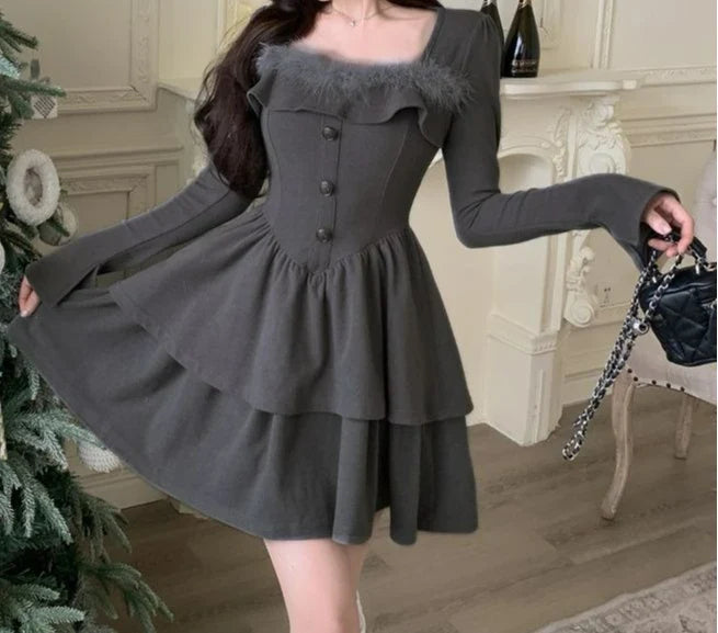 Autumn Winter New Elegant Waist-Cinching Dress Slimming Puffy Short Skirt for Women