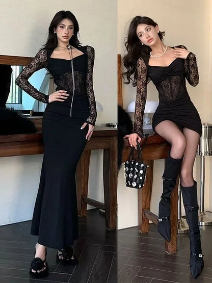 Black Lace Stitching Slightly See-through Dress Women Temperament Evening Short Dresses Autumn New Party Long Bodycon Dress