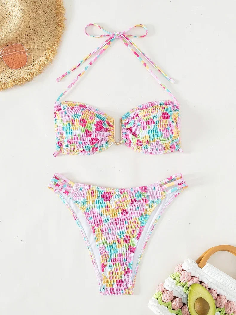 Sexy Bandeau Push Up Bikini Set Ruched Bikinis Swimwear Women Underwired Swimsuit 2 Piece Bathing Suit Beachwear Female Biquini