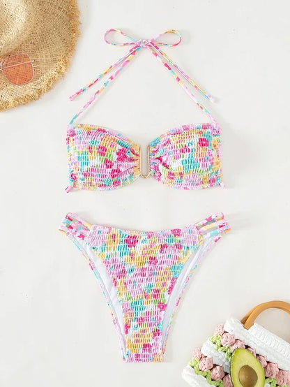 Sexy Bandeau Push Up Bikini Set Ruched Bikinis Swimwear Women Underwired Swimsuit 2 Piece Bathing Suit Beachwear Female Biquini