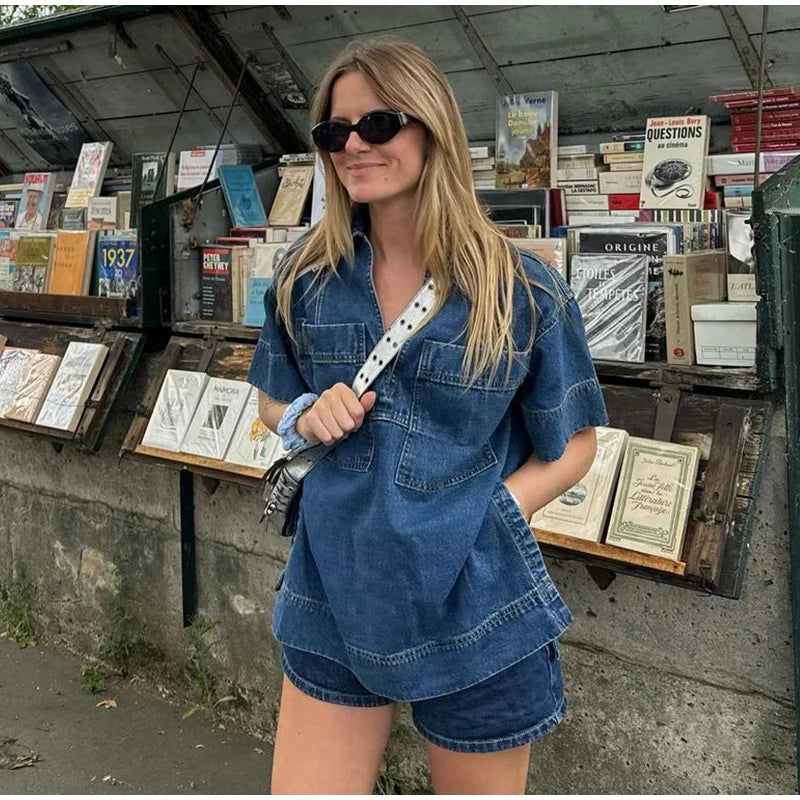 Classic Denim V-neck Shirt Mini Skirt Set Women Vintage Loose Lapel Tops Irregular A-lined Skirts Sets Female Chic Street Outfit