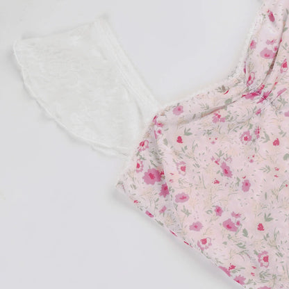Floral Print Top Boho Aesthetic Contrast Color Lace Patchwork T-shirt French Style Slimming Folds Chest Clothing Summer