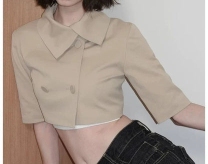 Small Niche Design with Exposed Belly Button, Short Style, Spicy Girl,Double Breasted, Five Point Mid Sleeved Windbreaker Jacket
