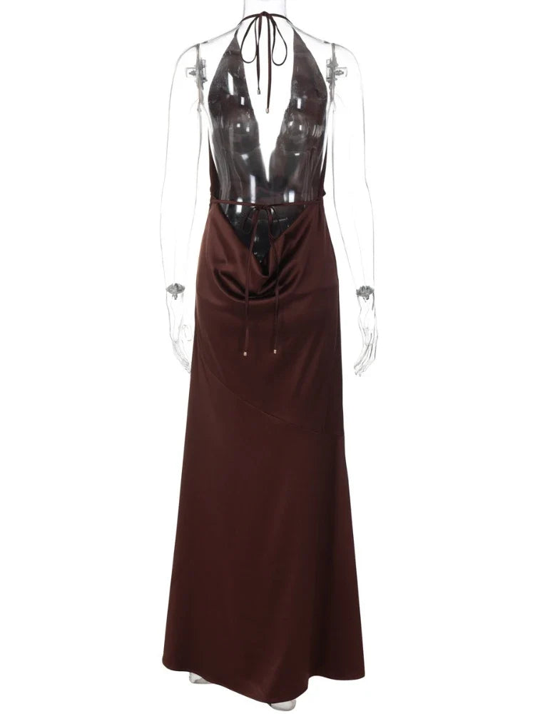 Women's Evening Gown Deep V Neck Halter Sexy Maxi Dress Solid Color Summer Sleeveless Backless Slim Fit Party Long Dress