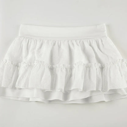 White Cute Layered Skirt Eyelet Embroidery Low Waisted Pleated Skirt Summer Vacation Sweet Style Hotty Miniskirt Y2K
