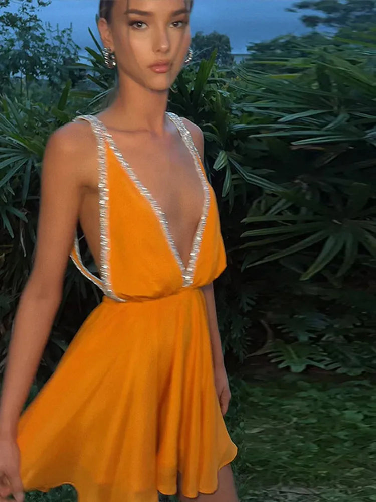 Sexy Diamonds Sling Short Dress Women Deep V-neck Sleeveless Backless Pleated A-line Dresses 2025 Summer Lady Beach Party Robe