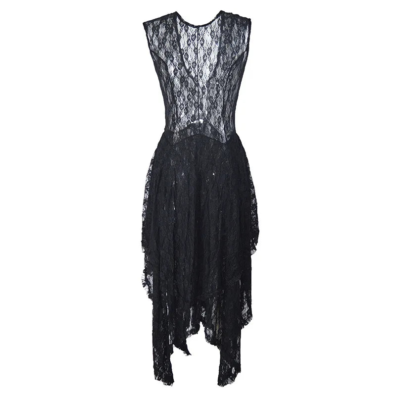 Y2k Grunge See-Through Lace Floral Sheer Tank Dress Women's Sleeveless V Neck Cover-up Long Dress Streetwear Party Dress