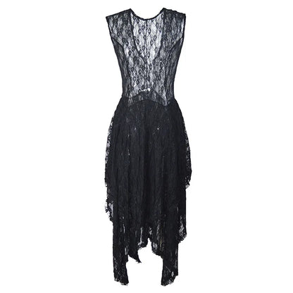 Y2k Grunge See-Through Lace Floral Sheer Tank Dress Women's Sleeveless V Neck Cover-up Long Dress Streetwear Party Dress