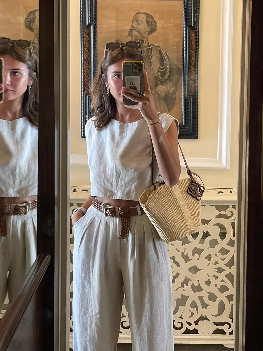 Women's Summer Cotton Linen Vest Pants Set Office Lady Chic Short Vest Casual Trousers Female Loose Long Pants Suits