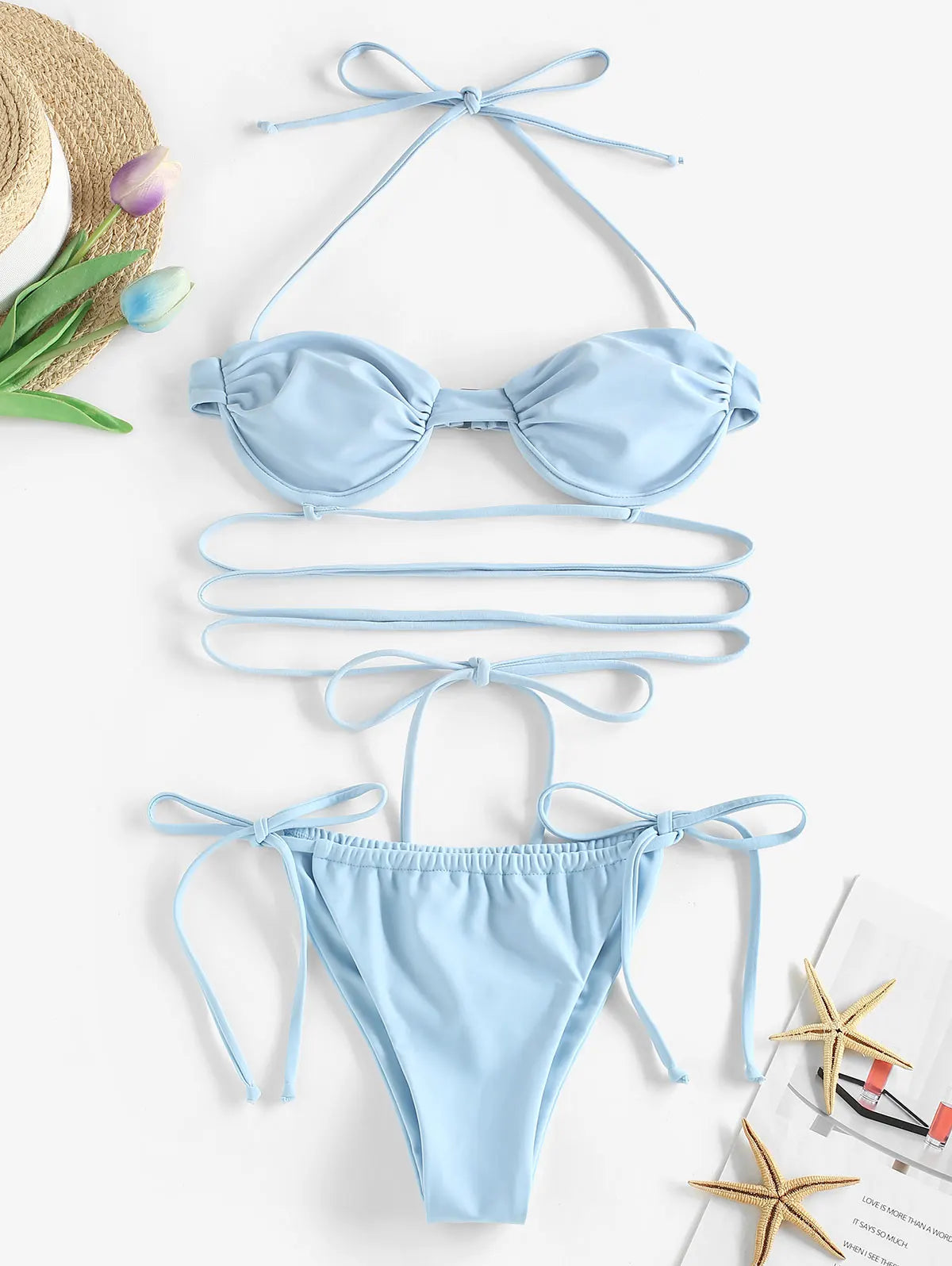 Halter Underwire Floss Tie Loincloth Balconette Bikini Swimwear