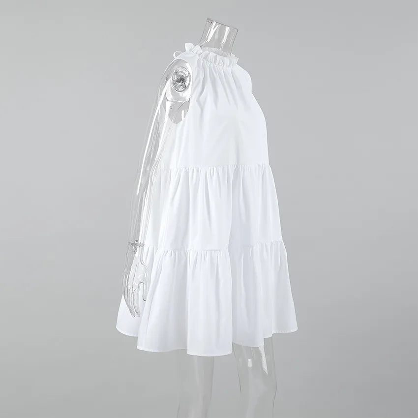 Summer Cotton A-line Loose Ruffles White Dress Women Casual O-neck Lace-up Sleeveless Mini Dress Female Holiday Party Dress 2025