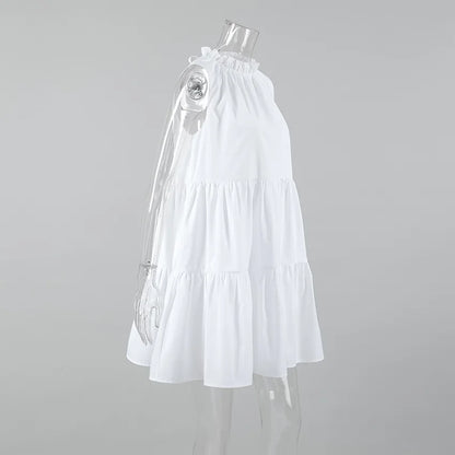 Summer Cotton A-line Loose Ruffles White Dress Women Casual O-neck Lace-up Sleeveless Mini Dress Female Holiday Party Dress 2025