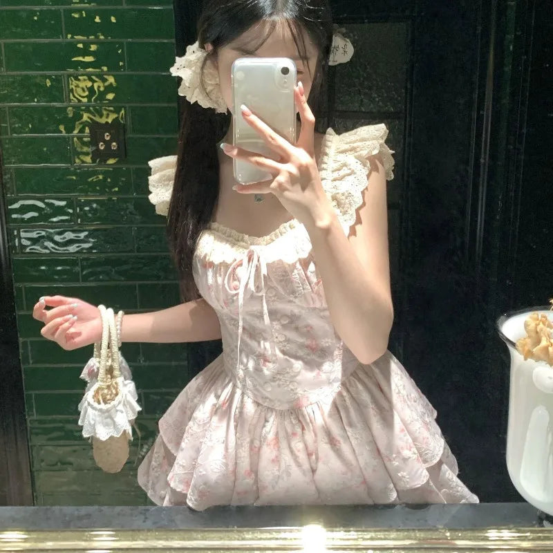 Dresses Women Sweet Floral Printed Flying Sleeve Square Collar Slim Lace Patchwork Ruffles Bandage Party Mini Dress