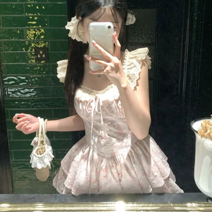 Dresses Women Sweet Floral Printed Flying Sleeve Square Collar Slim Lace Patchwork Ruffles Bandage Party Mini Dress