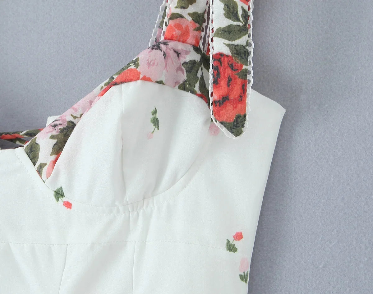 Flower Print Patchwork White Sling Elegant Dress Women Lace Up Bandage Back A-line Summer Dresses Chic Lady Holiday Robe 2025