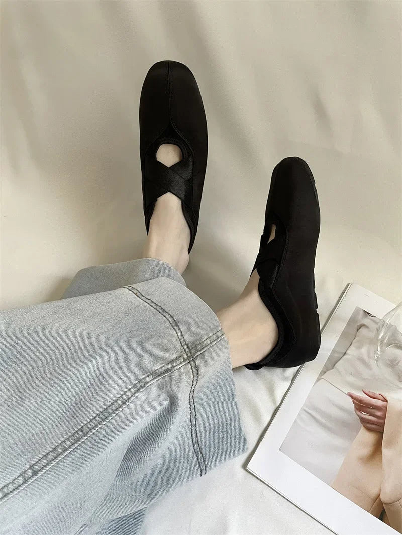 New Women's Ballet Slippers Pink Soft Sole Shallow Heel Round Head Fiberglass Fabric Retro Style Low Heel