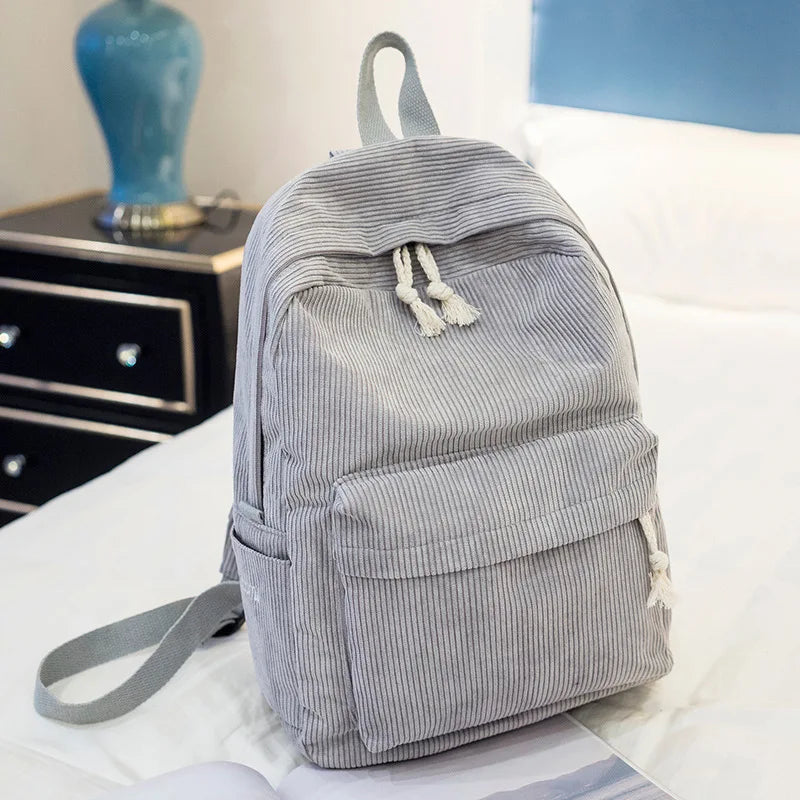 Beige School Backpack For Teenage Girls Pink Soft Fabric Backpack Female Striped Backpack For Women School Bag