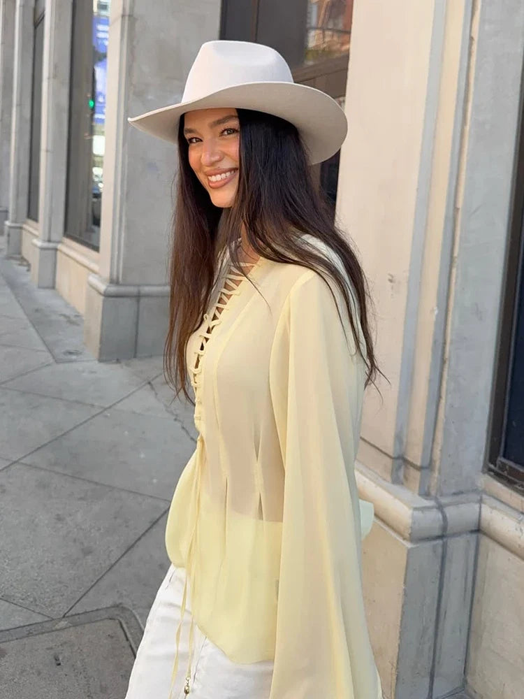 Light Yellow Chiffon Flare Sleeve Blouse