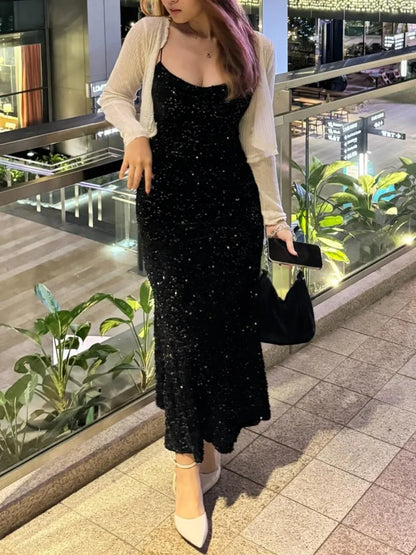 Women's Sexy Shiny Sequined Maxi Dress New Summer High-end Backless Dress Dinner Holiday Beach Party Dress