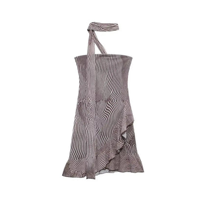 Woman Sexy Backless Halter Neck Beach Party Mini Dress 2024 Women FashionWavy Pattern Print Ruffle Strapless Dress