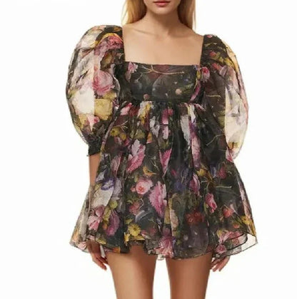 Square Neck Organza Balloon Sleeve Empire Waist Tiered Mini Dress
