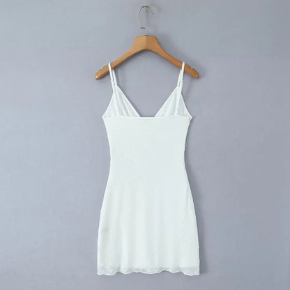 Flocking Dot White Mini Sling Dress For Women Sexy Thin Straps V Neck A-line Summer Mesh Dresses Holiday Short Robe